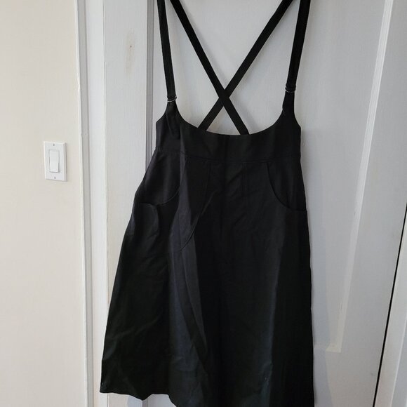Love to love you black denim skater skirt with over the shoulder straps, size L - Picture 1 of 3